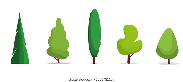 set of green trees of different shapes