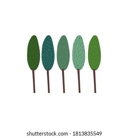 Set of green trees doodle drawing. Minimal concept of sustainable living, eco forest. Cute plants with texture. Hand drawn flat vector illustration in cartoon style isolated on white background