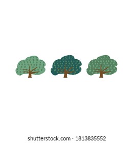 Set of green trees doodle drawing. Minimal concept of sustainable living, eco forest. Cute plants with texture. Hand drawn flat vector illustration in cartoon style isolated on white background