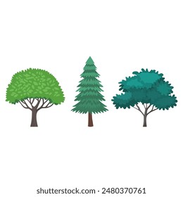 set of green trees flat vector illustration