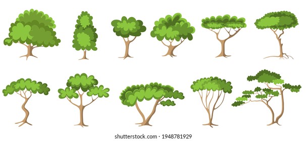 Set of green trees with foliage - forest trees, painted in modern flat cardboard style. Garden log icon, vector illustration on white isolated background.