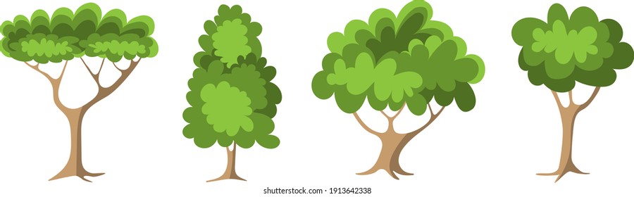 Set of green trees with foliage - fruit tree painted in the modern doodle style, coloring book for children. Icon for garden magazine, outline drawing symbol.