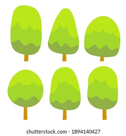 Conjunto de árboles verdes para un bosque o un parque. Entorno natural. Ilustración de caricatura plana. Paisaje para el fondo