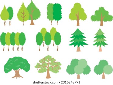 Set of green trees in hand-painted style