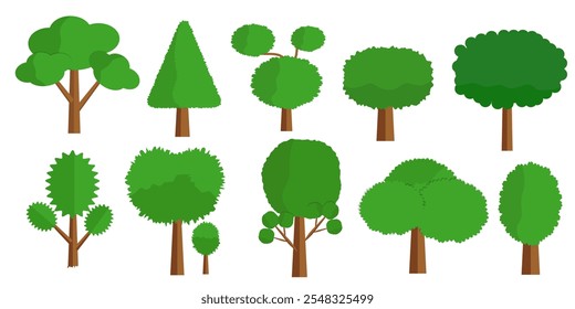 Conjunto de iconos de árboles verdes en Colección de estilo plano. Adecuado para infografías, libros, Anuncios y otros diseños