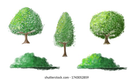set of green trees isolated illustration