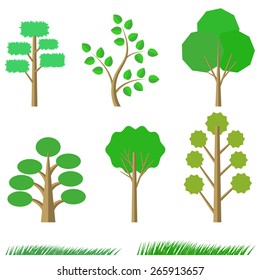 Set of Green Trees Isolated on a White Background. 