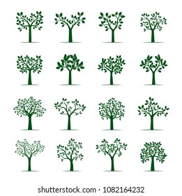 Conjunto de árboles verdes con hojas. Ilustración vectorial. Plantas y jardín.