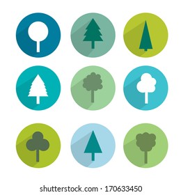 Set of green trees modern circle sign shadows icons.