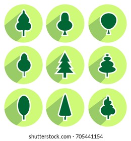 Set of green trees modern circle sign shadows icons