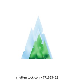 Set of green trees and mountains in a gradient for christmas and new year. Vector elements isolated on white background