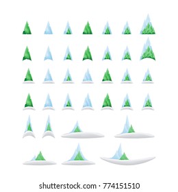 Set of green trees and mountains in the snow in a gradient for christmas and new year. Vector elements isolated on white background.