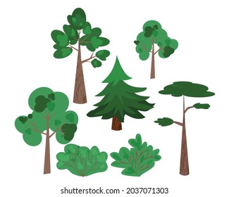 Set. Green trees. Pine, birch, oak, spruce, bushes 