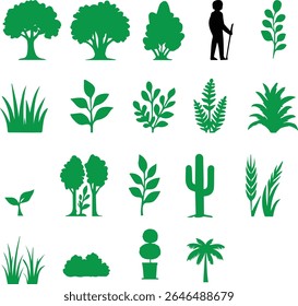 set of green trees, plants, leaves