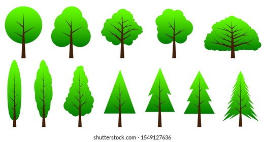 Set of green trees. Poplar, Christmas tree collection. Vector icon on white background.
