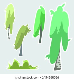 Set of green trees, vector trees and vector bushes. Set of stickers, vector stickers.