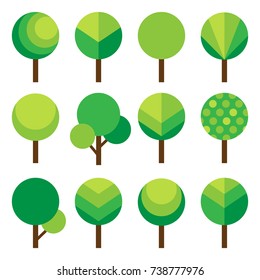 Set of Green Trees. Vector Illustration.Flat Cartoon Style. Objects for Landscape Construction Kit. Simple Shape Nature Elements Collection for Fashion, Cards, Stickers, Gardening Decorative Design.