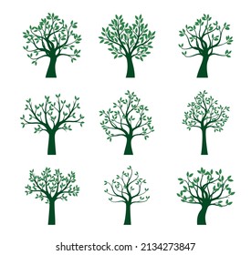 Set Green Trees. Vector outline Illustration.