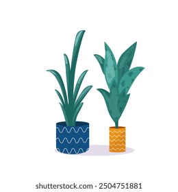 Conjunto de flores tropicales verdes en jarrones azules y naranjas, aislados sobre un fondo blanco. Ilustración vectorial plana.