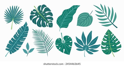 Set of green tropical leaves. Exotic leaves in simple flat style isolated on white background. Vector illustration.
