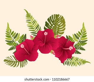 Set of green tropical leaves (palm, fern) and red hibiscus flower. Vector illustration of exotic plant.