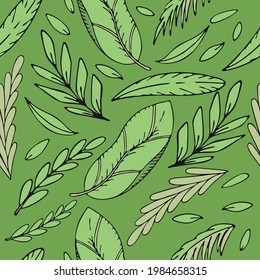 set of green tropical green leaves, vector seamless pattern of doodle elements with black outline on a green background