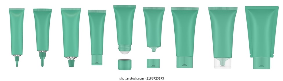 Set of green tubes and bottles. Roller ball tube. Open and closed blank tubes with screw cap. Realistic mockup. Long nozzle tube. Ointment or salve. Gel serum. Korean packaging