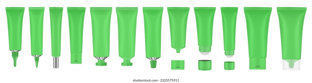 Set of green tubes and bottles. Roller ball tube. Open and closed blank tubes with screw cap. Realistic mockup. Long nozzle tube. Ointment or salve. Gel serum. Korean packaging