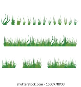 Set of green tufts grass, herbaceous plants. Design elements isolated on white background. Vector illustration.