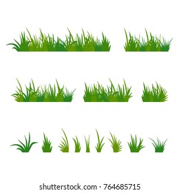 Set of green tufts grass, herbaceous plants. Design elements isolated on white background. Vector illustration.