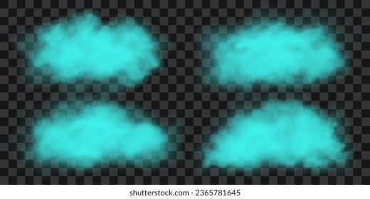 Conjunto de nubes verdes o turquesas de gas, niebla o humo. Ilustración vectorial realista aislada en un fondo transparente.