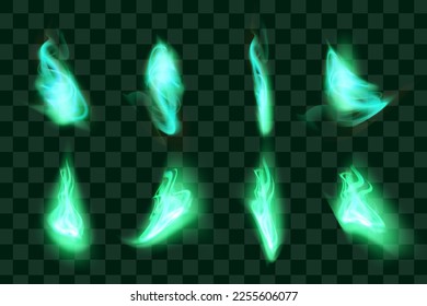 Set of green turquoise fire flame. Collection of hot flaming element. Idea of energy and power. Isolated vector illustration