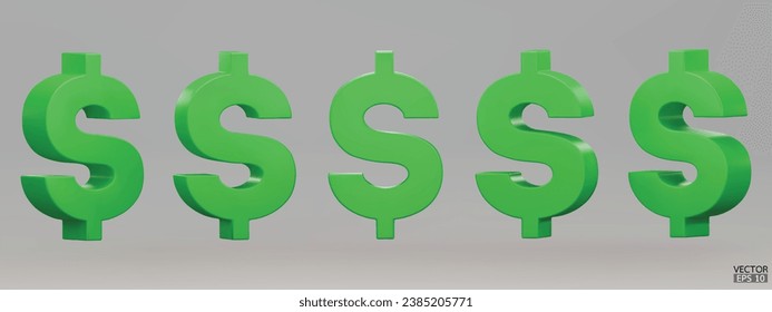 Set of green US dollar currency symbol isolated on gray background. Green dollar sign. 3D signs money currency sign. 3D vector Illustration.