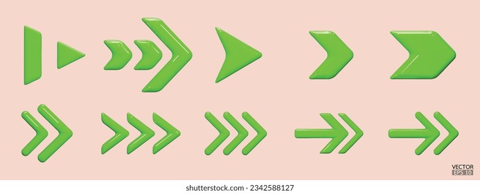 Conjunto de flechas vectoriales verdes. Icono brillante de Flechas de vidrio 3d. Colección de estilo mínimo de la viñeta de flechas. Ilustración vectorial 3d.