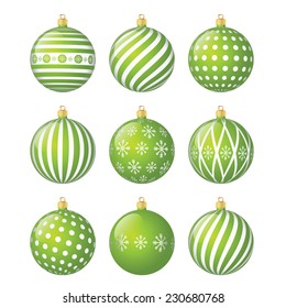 Set of green vector christmas balls with different patterns