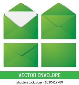 Set of green vector envelopes in different views, isolated on a white background. Realistic green vector envelope mockups.