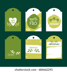Set of green vector environmental labels. 100% natural