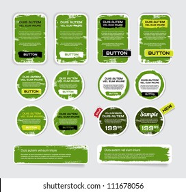 A set of green vector grungy paper stickers, labels, tags and banners with hand painted / cracked paint  worn out backgrounds
