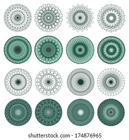 Set of Green Vector Guilloche Rosettes Certificate or Diplomas, Decorative Elements