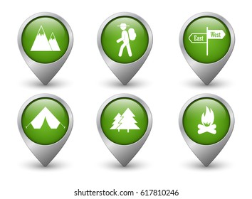 Set of green vector hiking and camping web pointers