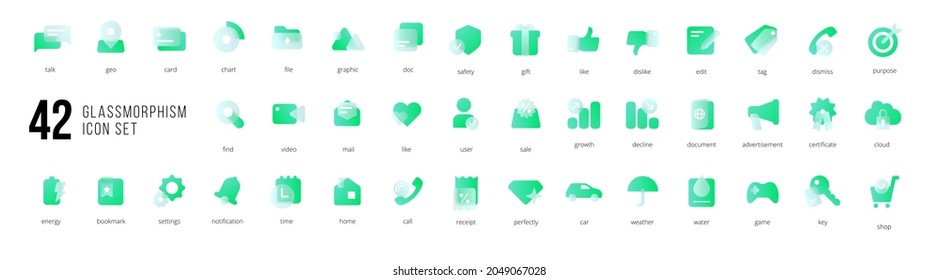 A set green vector icons modern trend in the style glass morphism and gradient  blur   transparency  The collection includes 42 icons in single style business  finance  UX UI