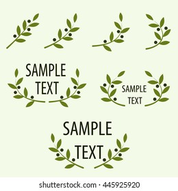 Set of green vector olive branch logo. Olives oil sign. Symbol of peace. Greek religious sign. Mythological icon.Healthy products label. Organic cosmetics. Eco food. Natural element.Agricultural item