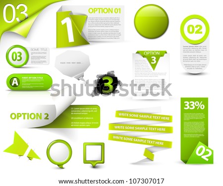 Set of green vector progress, version, step icons