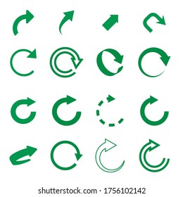 Conjunto de flechas de actualización y reciclado de vectores verdes para la web. COLECCIÓN DE ICONOS.