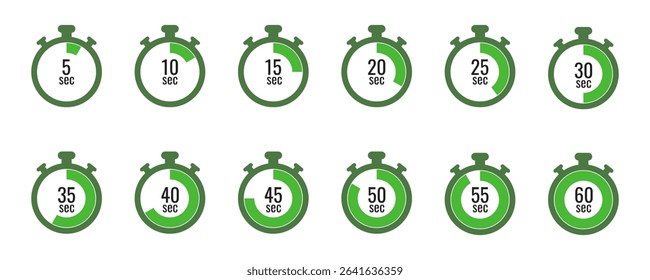 A set of green vector stopwatches showing time from 5 to 60 seconds in 5-second intervals. Flat and modern design, perfect for infographics, apps, and UI elements.