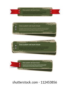 A set of green vector vintage cardboard military style badges / banners with metallic staples and grungy distressed paint texture, decorated with red ribbon tags