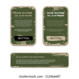 A set of green vector vintage military style badges with grunge weathered paint background