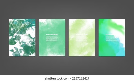 Set of green vector watercolor backgrounds for poster, brochure or flyer, Bundle of watercolor posters, flyers or cards. Banner template.