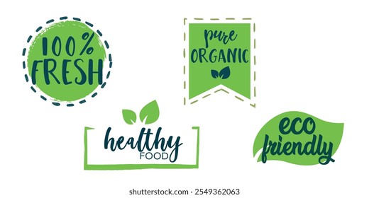 Set of green vegan badges with text 'Veggie,' '100% Raw,' and 'All Natural.'