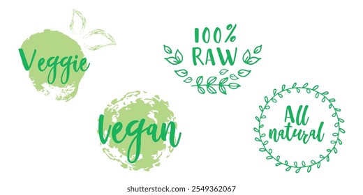 Set of green vegan badges with text 'Veggie,' '100% Raw,' and 'All Natural.'